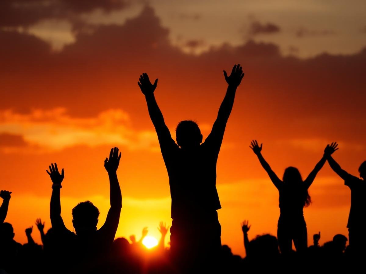 Silhouettes celebrating at sunset