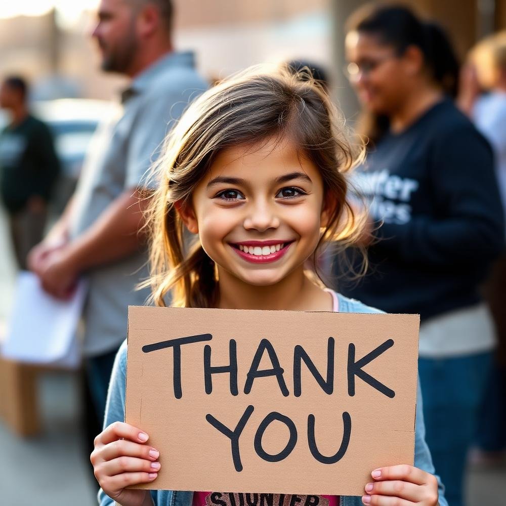 Girl holding thank you sign