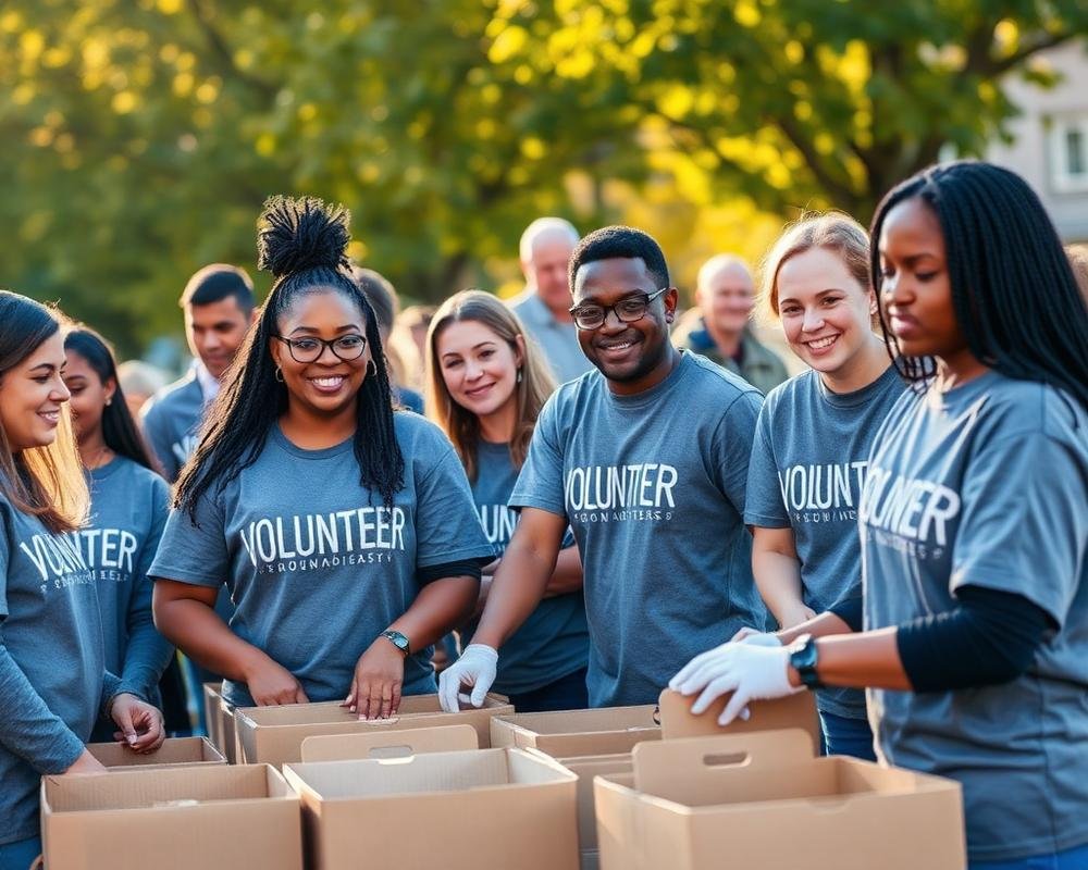 Volunteers packing boxes